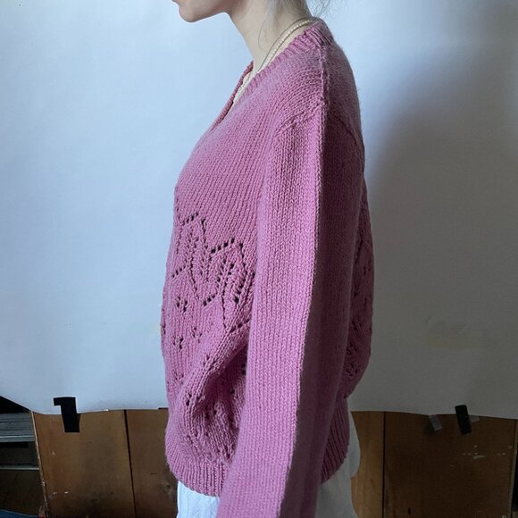 Pink Handmade Knit Sweater, Pullover V-neck - Picture 9 of 9